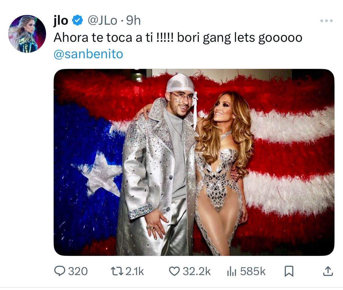 Jennifer Lopez felicita a Bad Bunny por el Super Bowl 2026: “Es tu momento”