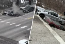 Impresionante socavón engulle automóvil en plena vía de EE.UU.