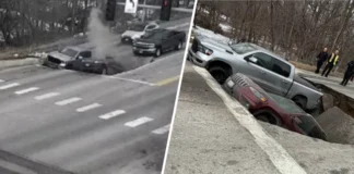 Impresionante socavón engulle automóvil en plena vía de EE.UU.