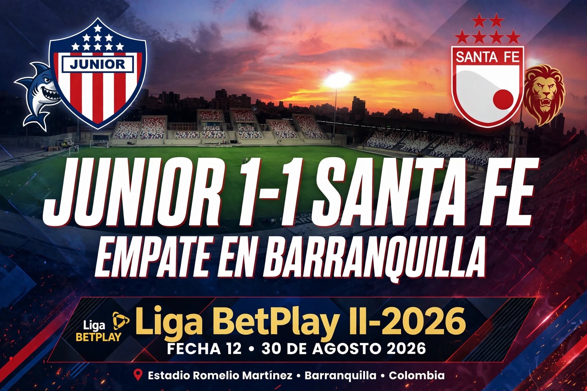 Junior vs Santa Fe HOY EN VIVO: Resultado 1-1, Goles y Posiciones Liga BetPlay 2026